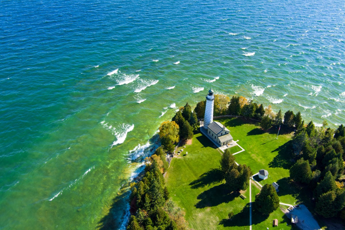 The famous Cana Island lighthouse located next to lake Michigan in Door County Wisconsin with a drone