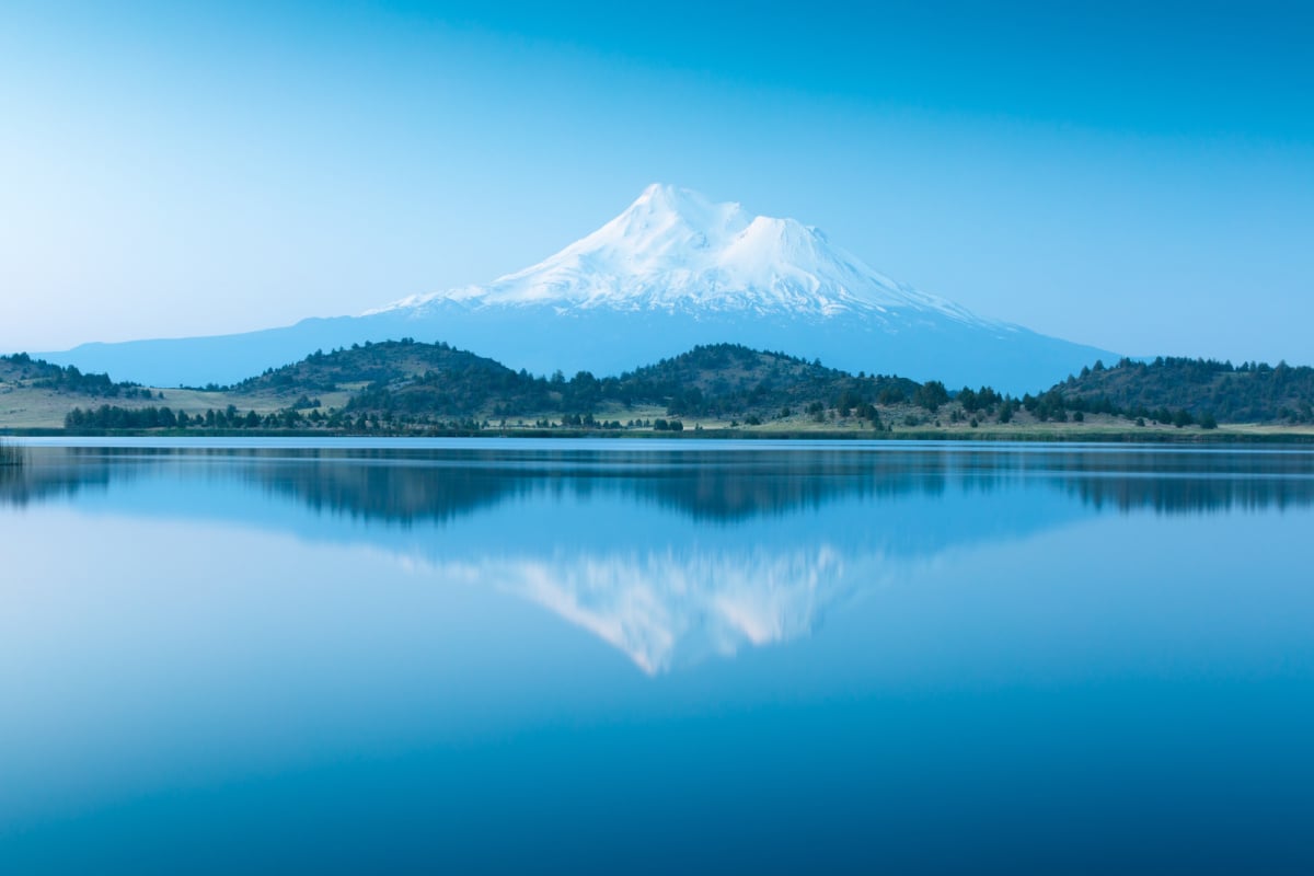 Snow-capped mountain reflection on Lake Siskiyou